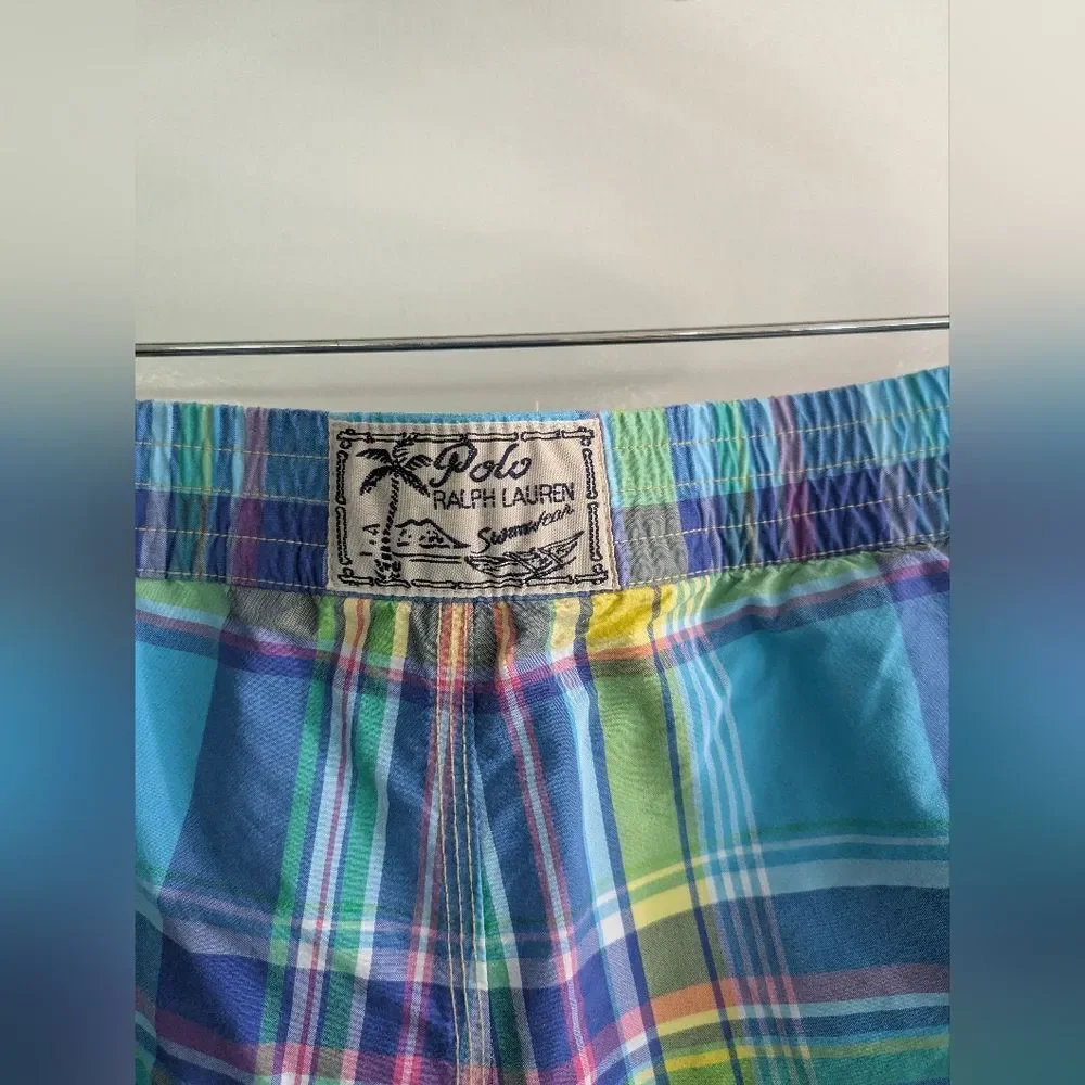 Ralph Lauren Polo Vintage Plaid Men's Cargo Swim Shorts - Blue, Yellow, Green
